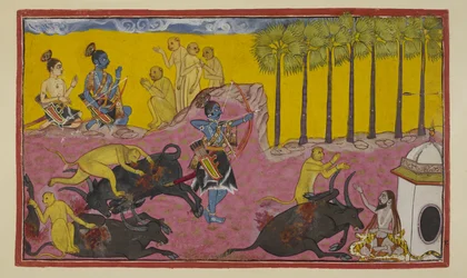 Sugriva en zijn apen, bovenaan links te zien, blijven Rama en Laksmana het verhaal van Baali en Dundubhi vertellen. Baali was zo krachtig dat hij de demon in stukken kon scheuren en het karkas in de lucht kon gooien.