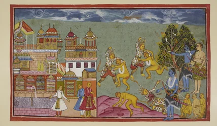 Add 15296 (2) f.18r, Buiten het paleis, Sugriva en Bali vechten woest met vuisten en nagels en rukken dan bomen en rotsen uit, maar Bali is de sterkere en langzaam wordt Sugriva gedwongen terrein prijs te geven. Wanneer Rama ziet dat Sugriva verliest, grij