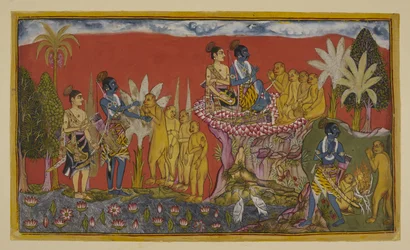 Add 15296 (2) f.5r, Hanuman brengt nu Rama en Laksmana in de aanwezigheid van Sugriva op de berg. Rama en Sugriva schudden elkaar de hand als teken van hun vriendschapsbelofte, bekeken door Laksmana en de andere apen; en dan, in een vergelijkbare geest, wa