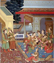 Een Indiaas harem. Illustratie van een Moghol miniatuur (school van Indiase miniaturisten uit de 16e en 17e eeuw).