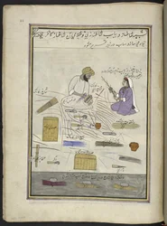 Mandenvlechter en zijn vrouw, 86 tekeningen gebonden in een volume die ambachten en beroepen in Kasjmir weergeven