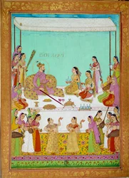 Bolaqui (of khosrou) zoon in Jihangir met het hof van Shah Alem. Miniatuur uit een reisverhaal van Niccolo Manucci (1638 - 1717), Venetiaanse ontdekkingsreiziger. India