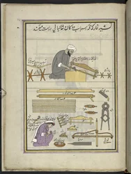 Timmerman en vrouw die een sjaalgetouw maken, 86 tekeningen gebonden in een volume die beroepen en ambachten in Kasjmir uitbeelden, ambachtslieden worden getoond aan het werk met hun gereedschap en uitrusting