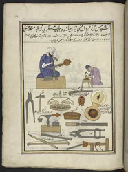 Kopersmeden die koperen vaten maken, 86 tekeningen gebonden in een volume die ambachten en beroepen in Kasjmir weergeven