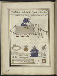 Katoenwever die een ketting kamt; vrouw die katoen opwindt, 86 tekeningen gebonden in een volume die ambachten en beroepen in Kasjmir uitbeelden, Ambachtslieden worden getoond aan het werk met hun gereedschap en uitrusting, Door een Kasjmir kunstenaar, waa