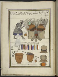 Verver aan het werk met het verven van stof, 86 tekeningen gebonden in een volume die ambachten en beroepen in Kasjmir uitbeelden, Ambachtslieden worden getoond aan het werk met hun gereedschap en uitrusting, Door een Kasjmir kunstenaar, waarschijnlijk in 