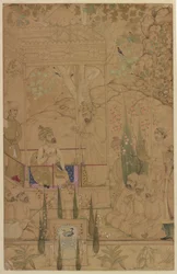 Keizer Babur met Begeleiders in een Tuin, ca. 1590