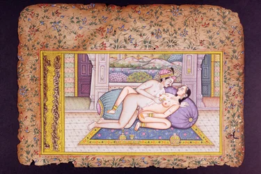 Erotische scène in een luxueuze boudoir, Rajasthani miniatuurschilderij