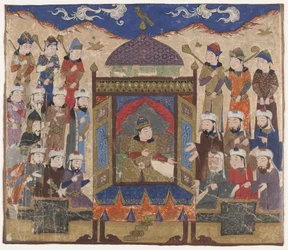 Folio uit een Shahnama (Boek der Koningen) door Firdawsi (geb. 1020); Kay Khusraw Parwez gezeten op de Takht-i Taqdis, mogelijk India, ca.1425-50 (dekkende aquarel en goud op papier)