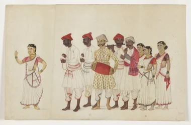 Vier vrouwelijke dansers in processie met muzikanten, c.1830
