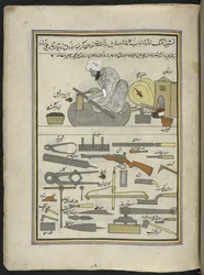 Wapensmid, 86 tekeningen gebonden in een volume die ambachten en beroepen in Kasjmir afbeelden, ambachtslieden worden getoond aan het werk met hun gereedschap en uitrusting, door een Kasjmir kunstenaar, waarschijnlijk in Srinagar, c.1850-60