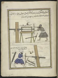 Geweerborers die een geweerloop boren, 86 tekeningen gebonden in een volume die beroepen en ambachten in Kasjmir uitbeelden, ambachtslieden worden getoond aan het werk met hun gereedschap en uitrusting