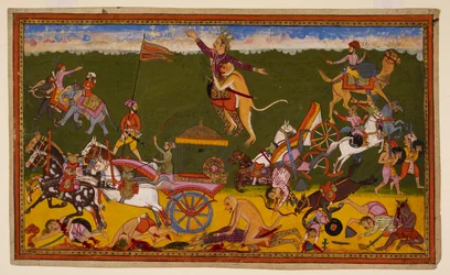 Hanumān verslaat de vijf generaals van Rāvaṇa en doodt zijn zoon Akṣa, waardoor de troepen van Rāvaṇa op de vlucht slaan. 1653 (miniatuur)
