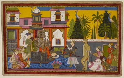 Hanumān wordt door Rāvaṇa gevangengenomen en vernederd, maar ontsnapt en steekt met zijn brandende staart de stad in brand. 1653