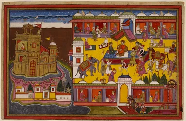 Hanumān bekijkt het centrale plein van Laṅkā vanaf het dak van de bazaar en gaat dan naar de top van het gouden paleis van Rāvaṇa.