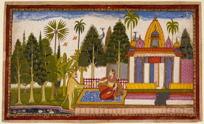 Hanumān onthult zichzelf aan Sītā en biedt aan haar te redden, maar ze staat erop dat alleen Rāma dat kan doen en geeft hem een juweel voor Rāma. 1653 (miniatuur)