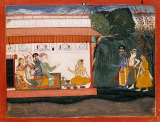 Illustratie bij de Bhagvata Purana die Balarama toont die Akrura bij de hand neemt met zijn jongere broer Krishna, c.1700