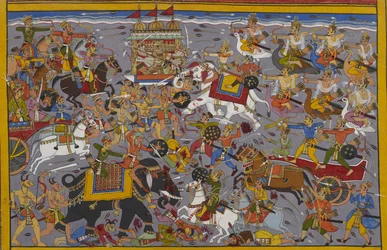 Indra bindt de strijd aan met Ravana, die op de Pushpaka strijdwagen rijdt, vanaf zijn olifant Airavata