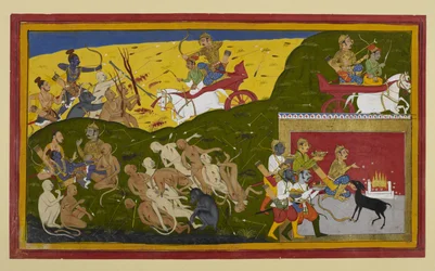 Indrajit vecht terwijl Rāma treurt om de dood van Sītā, getroost door Lakṣmaṇa en Vibhīṣaṇa