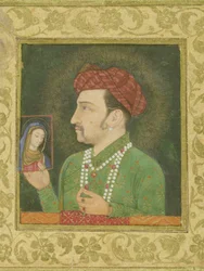 Jahangir met een afbeelding van de Madonna in zijn hand, met inscriptie in het Perzisch: Janhangir Shah, Mughal