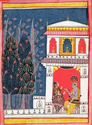Krishna en een dame in een paviljoen, c.1660