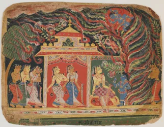 Krishna meegenomen door de Wervelwind Demon, uit een Bhagavata Purana. c.1520-30