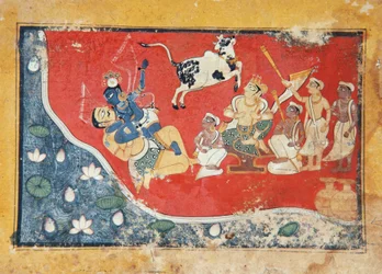 Krishna verslaat een demon naast een rivier, c.1560
