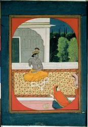 Krishna legt zijn krans af; een illustratie bij de Sat Sai van Bihari Lal, 19e eeuw