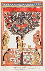 Krishna steelt de kleren van de Gopi die in de rivier Yamuna zwemmen