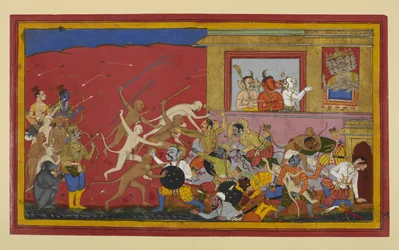 Kumbha en Nikumbha vechten met apen; demonen brengen verslag uit aan Rāvaṇa