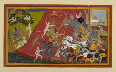 Lakṣmaṇa, Hanumān en Vibhīṣaṇa vallen Indrajit aan; het nieuws bereikt Rāma