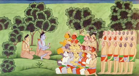 Lakshmana raadpleegt de hoofden van de apenlegers, uit de Ramayana