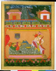 Liefhebbers bij dageraad, illustratie van de muzikale modus Raga Vibhasa, Noord-Deccan of Zuid-Rajasthan, ca.1675