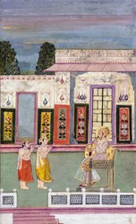 Maharaja Sawai Jai Singh begroet door twee gekroonde mannen