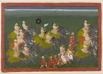 Maharana Sangram Singh van Mewar rijdend in een olifantenprocessie, Udaipur, Rajasthan, c.1730-40