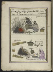 Mannen en vrouwen die waterkastanjes roosteren, 86 tekeningen gebonden in een volume die ambachten en beroepen in Kasjmir afbeelden, ambachtslieden worden getoond aan het werk met hun gereedschap en uitrusting, door een Kasjmir kunstenaar, waarschijnlijk i