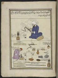 Mannen die hookah-slangen bedekken met draad en draad, 86 tekeningen gebonden in een volume die beroepen en ambachten in Kasjmir uitbeelden, ambachtslieden worden getoond aan het werk met hun gereedschap en uitrusting