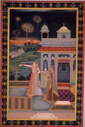 Miniatuurschilderij van dame die Diwali Festival viert, India (aquarel op papier)