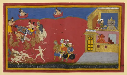 Apen verwarren Vibhīṣaṇa met Indrajit; Nārada prijst Nārāyaṇa terwijl Rāvaṇa dineert