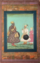 Murtaza Nizam Shah met een zwarte vizier, mogelijk Malik Ambar, en een jongere man, ca. 1680 (dekkende aquarel  goud op papier)