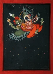 Op de vleugels van Garuda: Krishna en Satyabhama vliegen door de nachtelijke hemel, c.1750