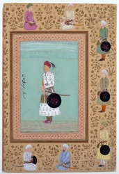 Portret van de hoveling Khosrow, zoon van Nasr Muhammad Khan, ca. 1650-60 (inkt, aquarel  goud op papier)
