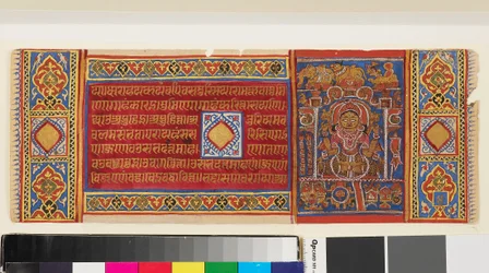 Koningin Trisala liggend, pagina uit een geïllustreerd Jain-manuscript van de Kalpasutra, Indiaas, 15e eeuw