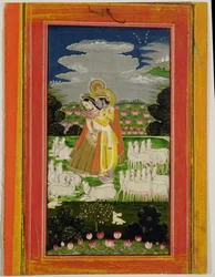 Radha en Krishna omarmen elkaar in een geïdealiseerd landschap met koeien, c.1780