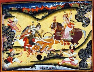 Rajput-prinsessen die een leeuw doden, Bundi School, c.1810-20