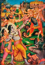 Rama en Hanuman vechten tegen de demon Ravana, scène uit de Ramayana