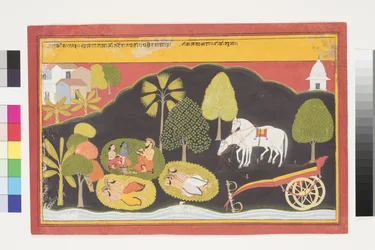Rama en Lakshmana praten met een man 