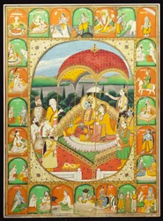 Rama en Sita op de troon, aanbeden door Shiva, Hanuman en anderen, 1800-20