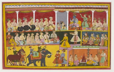 Rama luistert naar Lava en Kusha die de Ramayana zingen, met apen en Vibhishana.