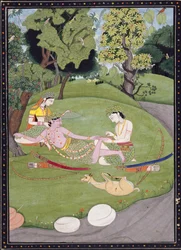 Rama leunt tegen Sita, terwijl zijn broer Laksman een doorn uit zijn voet trekt, 1845
